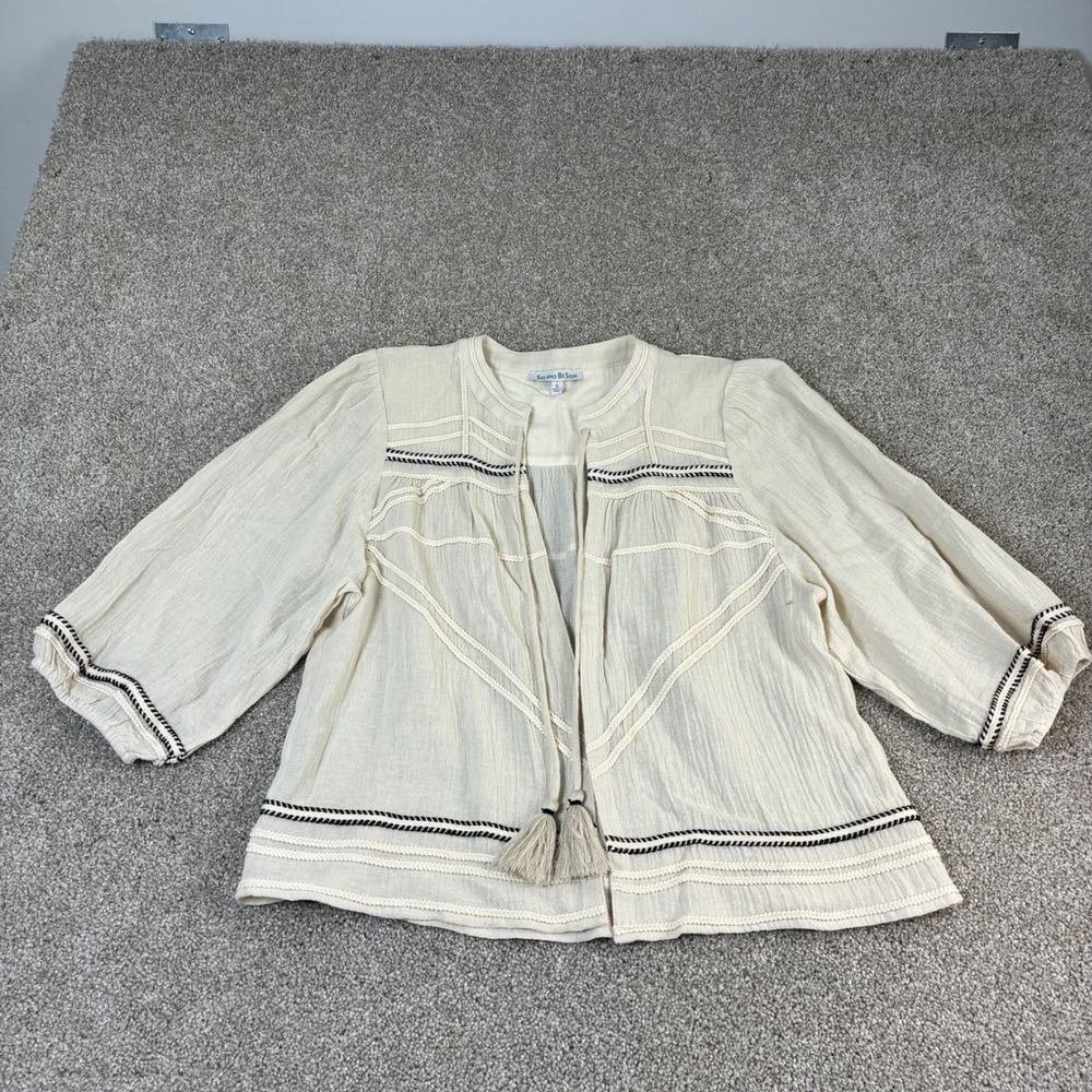 See and Be Seen Embroidered Linen Blend‎ Boho Tassel Open Front Jacket Peasant-S